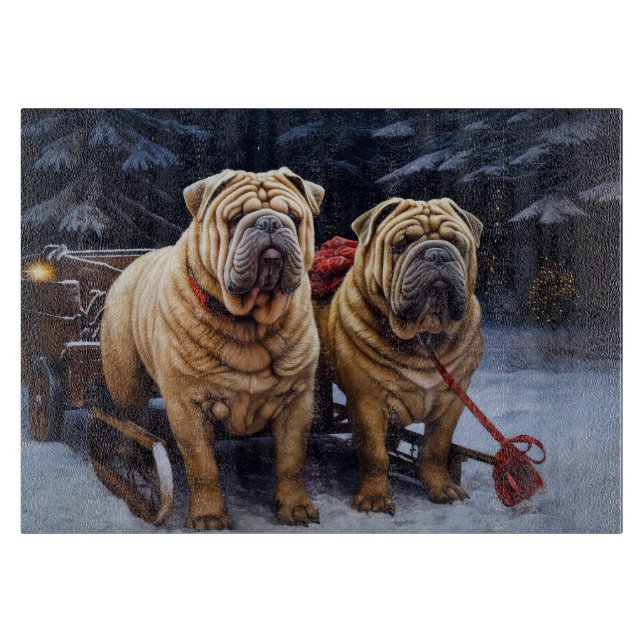 Shar Pei Snowy Sleigh Christmas Decor Cutting Board (Front)