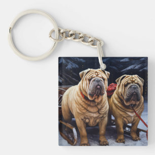 Shar Pei Snowy Sleigh Christmas Decor Keychain