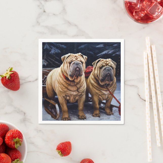 Shar Pei Snowy Sleigh Christmas Decor Napkins (Insitu)