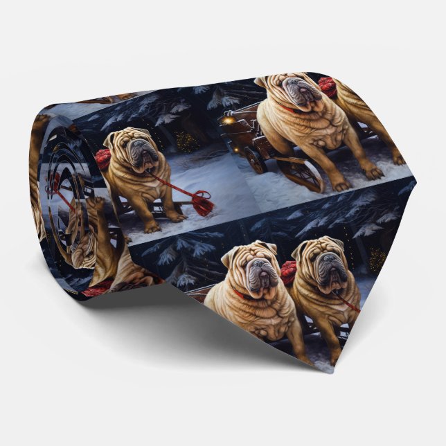 Shar Pei Snowy Sleigh Christmas Decor Neck Tie (Rolled)