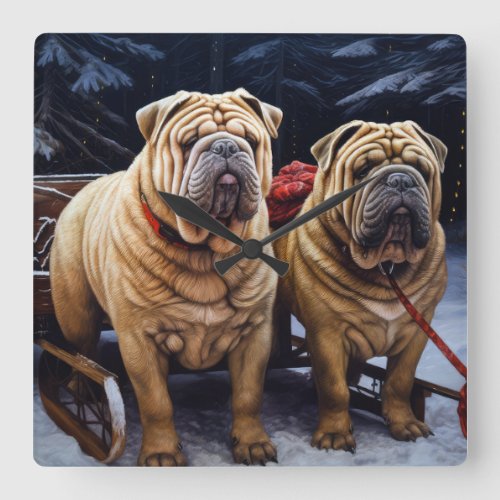 Shar Pei Snowy Sleigh Christmas Decor Square Wall Clock