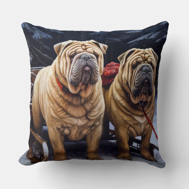 Shar Pei Snowy Sleigh Christmas Decor Throw Pillow (Front)