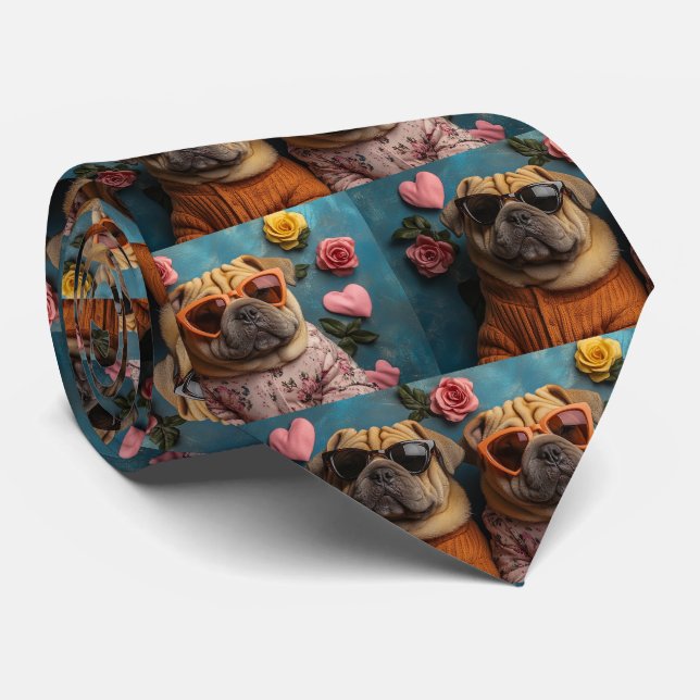 Shar Pei with Heart Roses Valentine's Day Neck Tie (Rolled)
