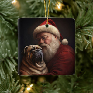 Shar Pei With Santa Claus Festive Christmas  Ceramic Ornament