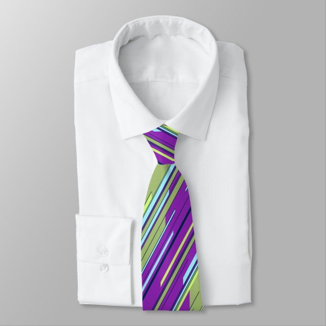 Shards Geometric Striped Violet & Moss Two-sided Neck Tie (Tied)