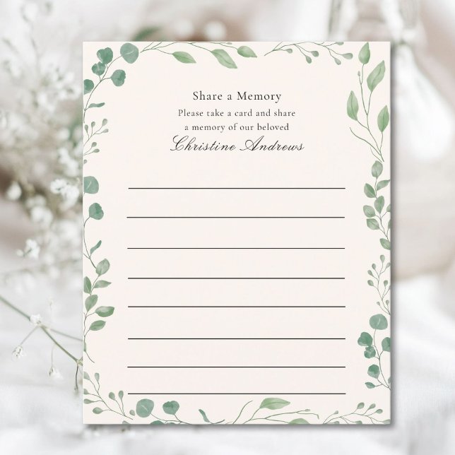 Share a Memory Funeral Service Attendance (Share a Memory!  Minimal, elegant, funeral service attendance beige card, eucalyptus design.)