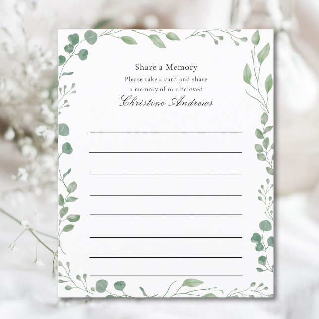 Share a Memory Funeral Service Attendance (Share a Memory!  Minimal, elegant, funeral service attendance white card, eucalyptus design.)