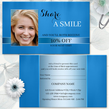 Share A Smile Blue Referral Business Card by sunnysites at Zazzle