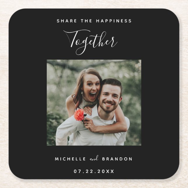 Share the Happiness Together Modern Photo Simple  Square Paper Coaster (Front)