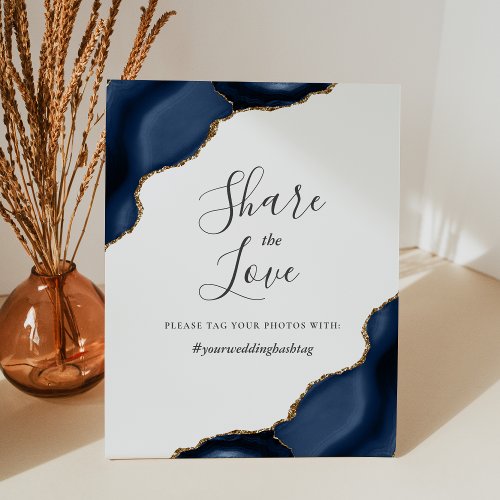 Share the Love Blue Gold Agate Wedding Hashtag Pedestal Sign