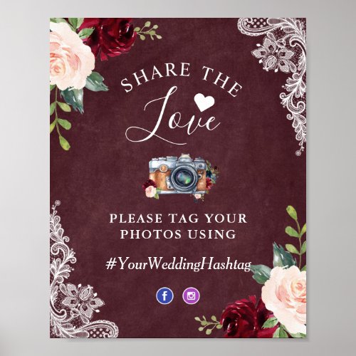 Share the Love Hashtag Burgundy Blush Floral Lace Poster