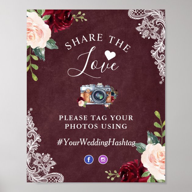 Share The Love Hashtag Burgundy Blush Floral Lace Poster