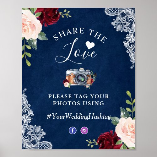Share the Love Hashtag Navy Blue Blush Floral Lace Poster