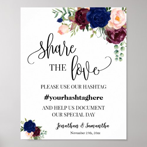 Share the Love Hashtag Navy Wedding Bridal Shower Poster