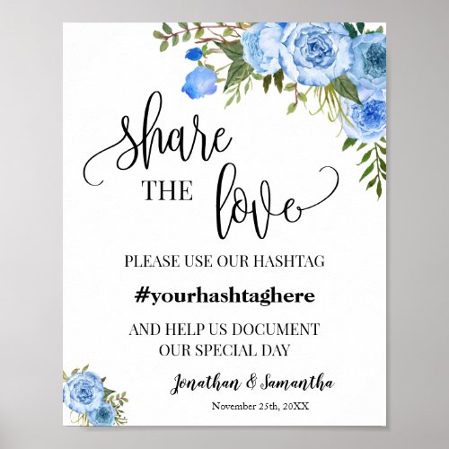 Share the Love Hashtag Wedding Bridal Shower Blue Poster