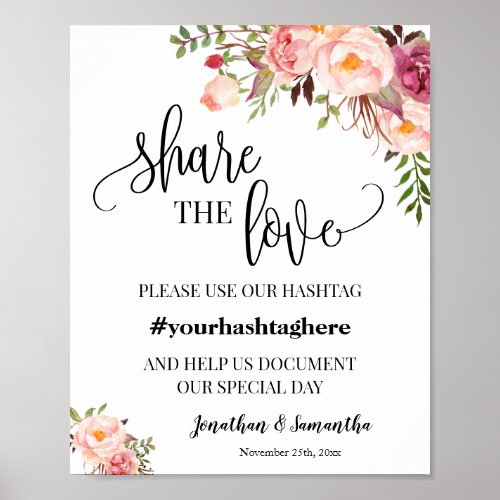 Share the Love Hashtag Wedding Bridal Shower Pink Poster