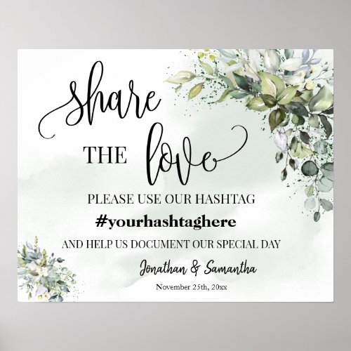 Share the Love Hashtag Wedding Eucalyptus Greenery Poster