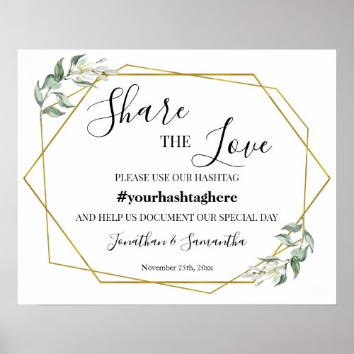 Share the Love Hashtag Wedding Greenery Gold Sign