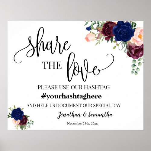 Share the Love Hashtag Wedding Navy Burgundy Sign