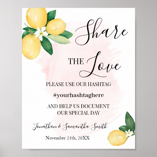 Share The Love Hashtag Wedding Shower Lemons Pink Poster