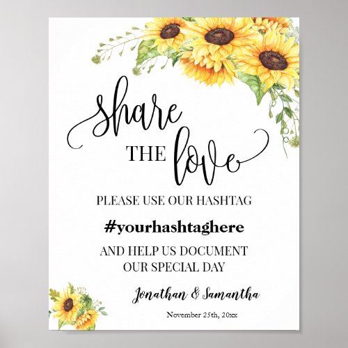 Share the love hashtag wedding shower sunflowers poster