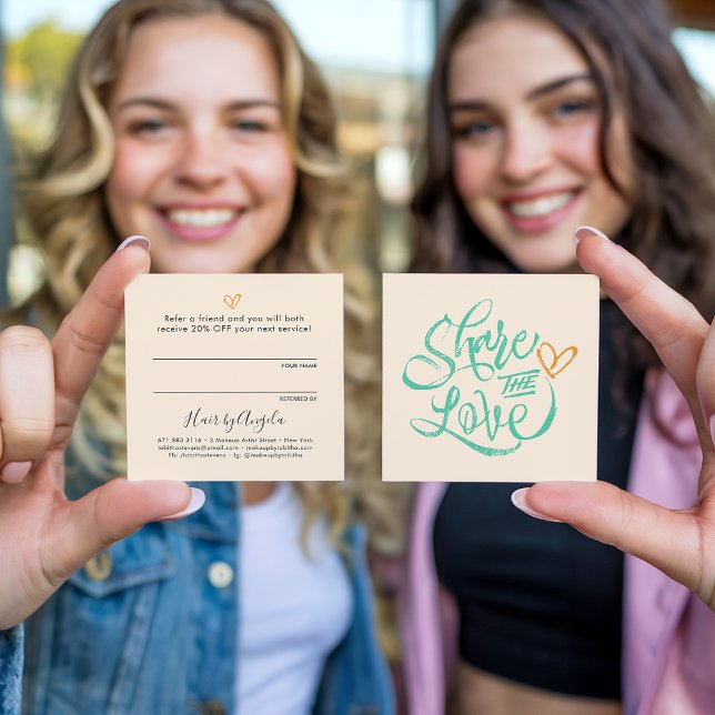 Share the love peach green brush script typography referral card (Share the love peach green brush script typography)
