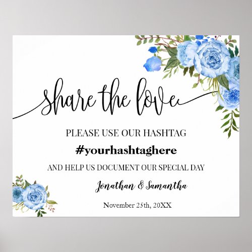 Share the love social media hashtag blue wedding poster