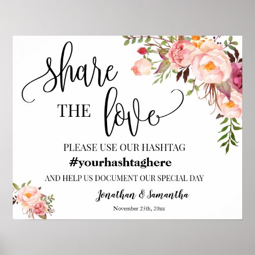 Share the Love Social Media Hashtag Pink Wedding Poster