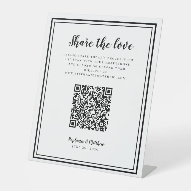 Share The Love Wedding Photo QR Scan Code Black Pedestal Sign (Front)