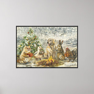 Shared Warmth Whimsical Farmhouse Animals Campfire Canvas Print