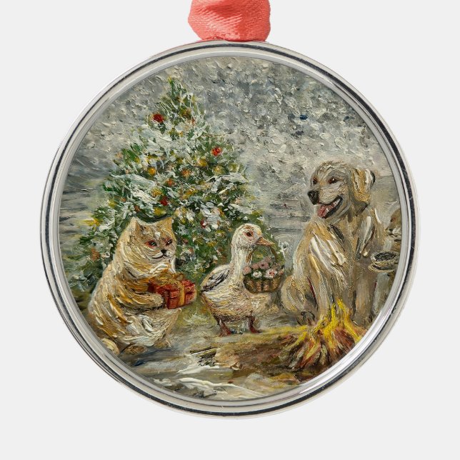 Shared Warmth Whimsical Farmhouse Animals Campfire Metal Ornament (Front)