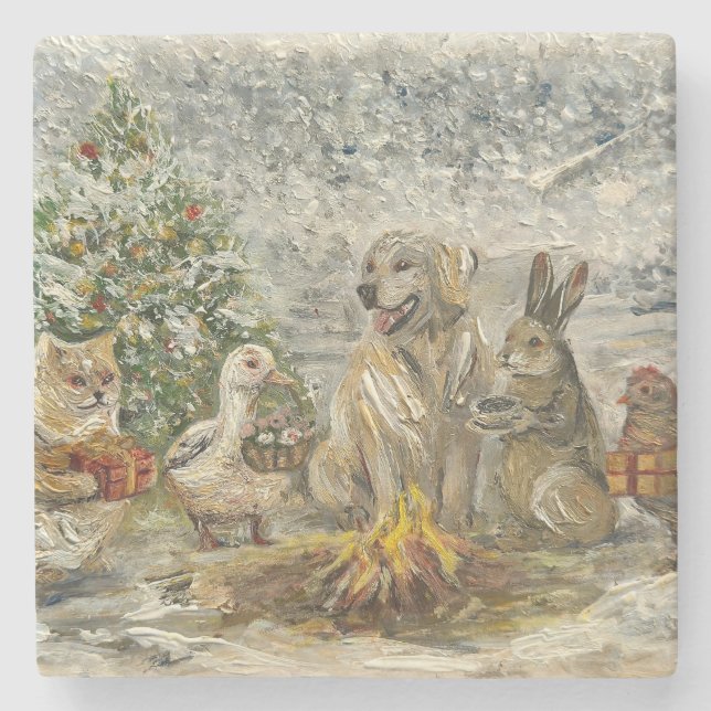 Shared Warmth Whimsical Farmhouse Animals Campfire Stone Coaster (Front)