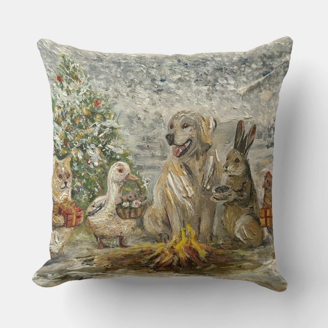 Shared Warmth Whimsical Farmhouse Animals Campfire Throw Pillow (Front)