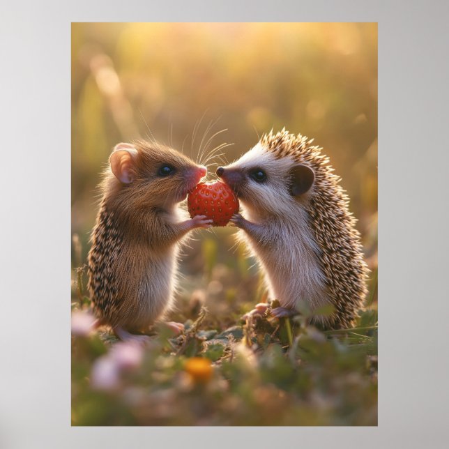 Sharing a Strawberry - Adorable Hedgehog and Mouse Poster (Front)