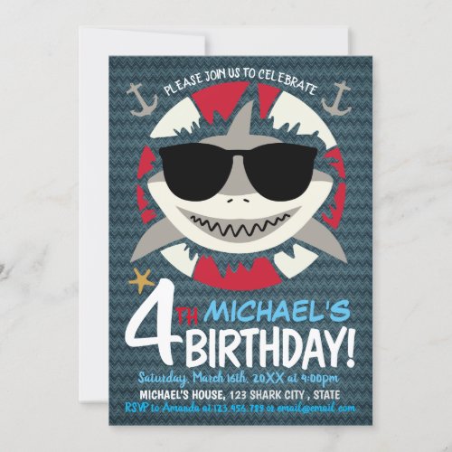 Shark 4th Birthday Party Invitation