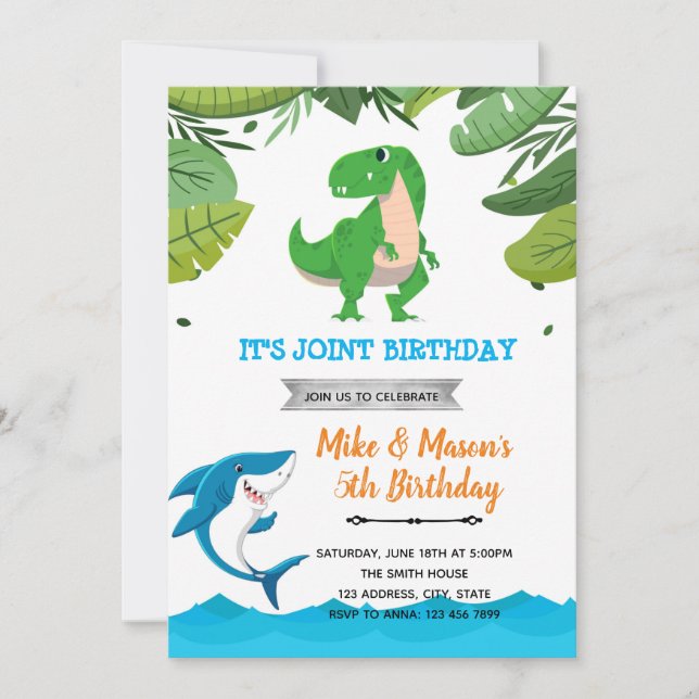 Shark and dinosaur joint birthday  invitation (Front)