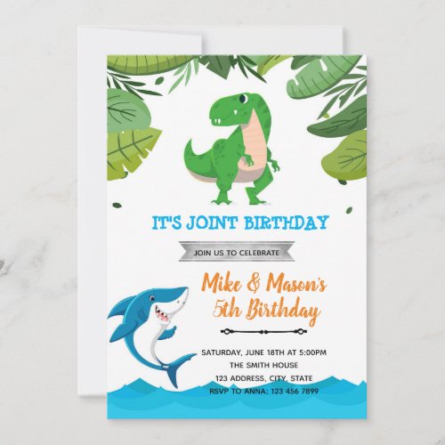 Shark and dinosaur joint birthday  invitation