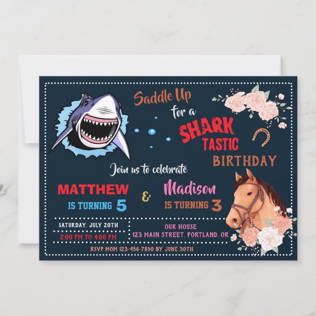 Shark and horse birthday invitation joint party (Front)
