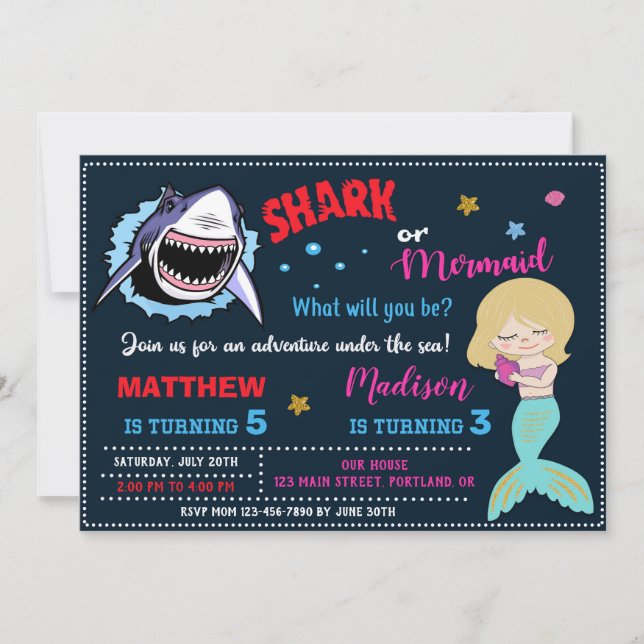 Shark and mermaid birthday invitation joint party (Front)