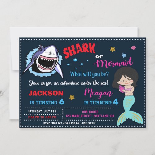 Shark and mermaid birthday invitation Pool party