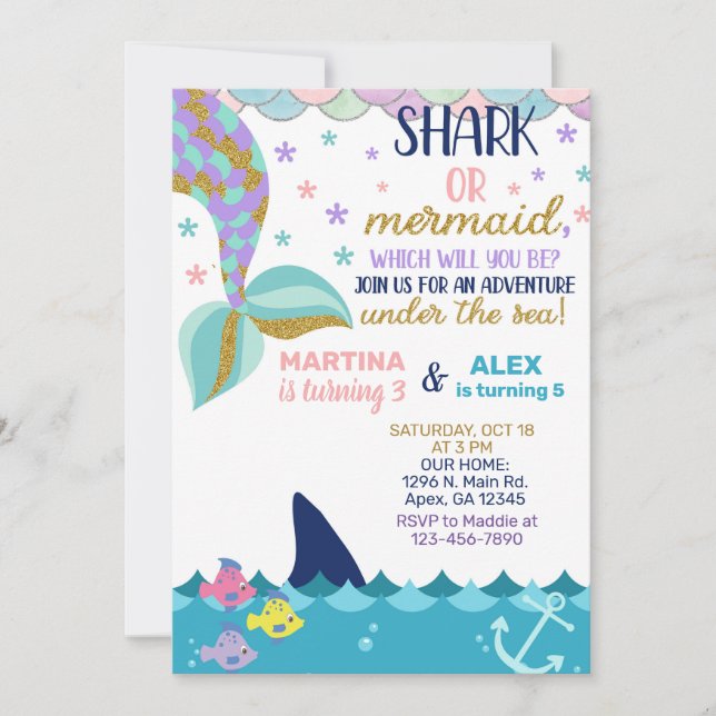 Shark and Mermaid siblings birthday invite. Invita Invitation (Front)