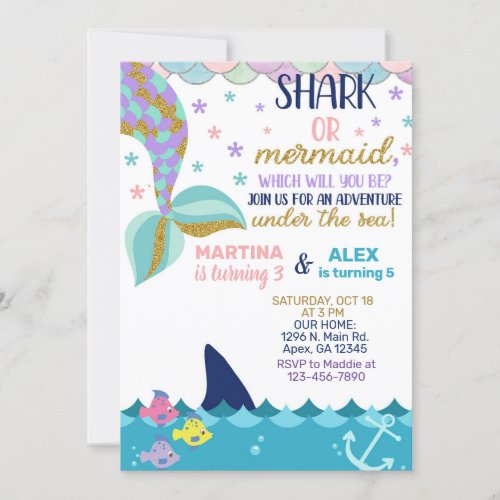 Shark and Mermaid siblings birthday invite Invita Invitation