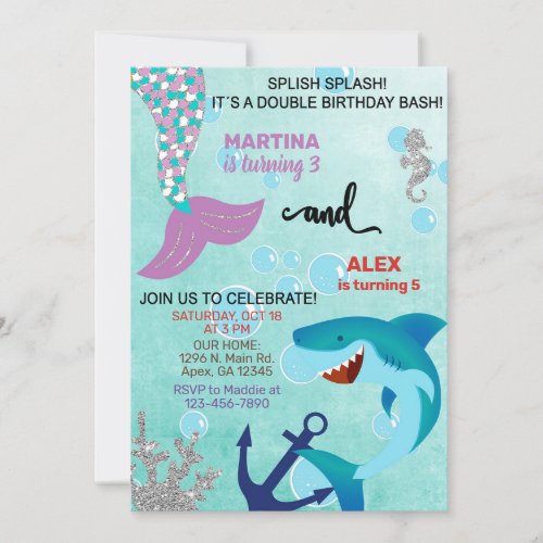 Shark and Mermaid siblings birthday invite Invitation