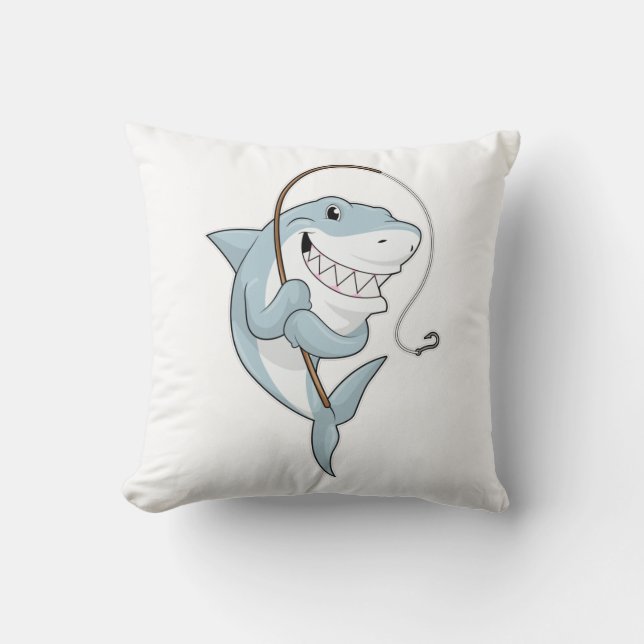Shark as Fisher with Fishing rod Throw Pillow (Front)