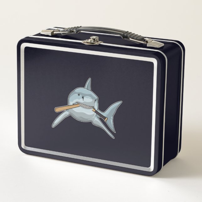 Shark at Baseball with Baseball bat Metal Lunch Box (Front)