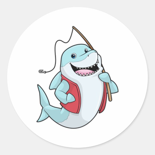 Shark at Fishing with Fishing rod Classic Round Sticker (Front)