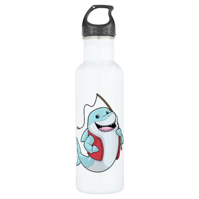 Shark at Fishing with Fishing rod Stainless Steel Water Bottle (Front)