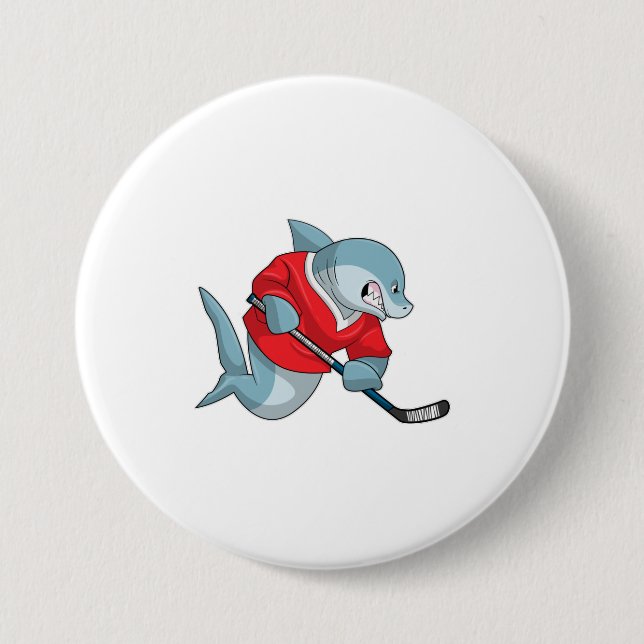 Shark at Ice hockey with Ice hockey stick Button (Front)