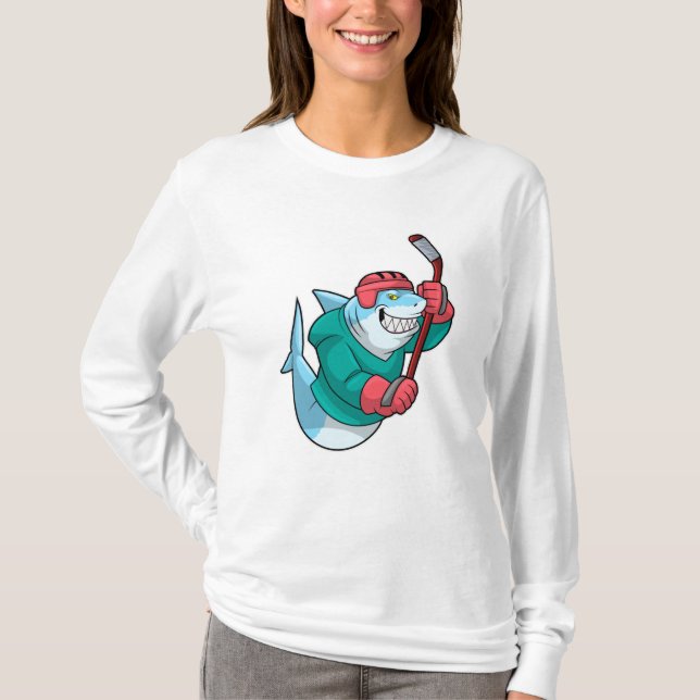 Shark at Ice hockey with Ice hockey stick & Helmet T-Shirt (Front)