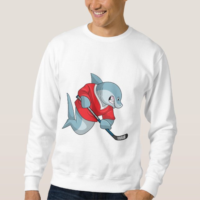 Shark at Ice hockey with Ice hockey stick Sweatshirt (Front)